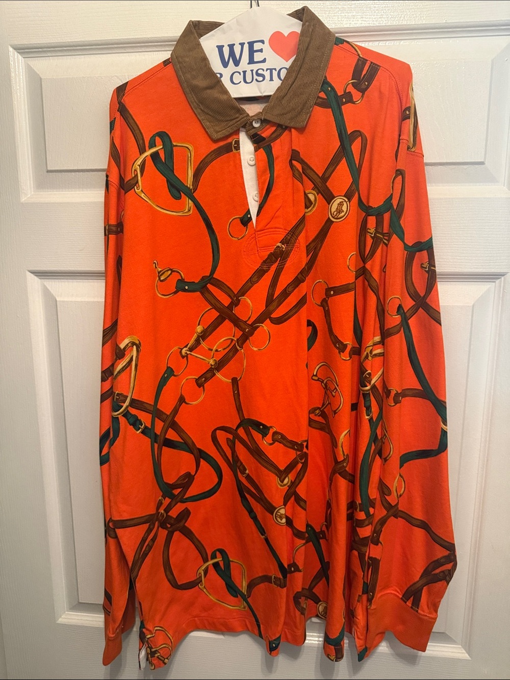 Ralph Lauren Vintage Rugby Orange Polo with Brown Collar and Green Strap Print